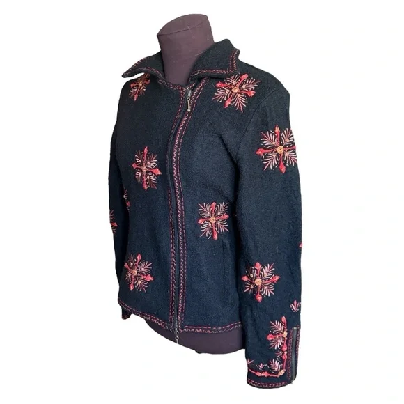CoVelo Black Coat Red Embroidered Floral Felted Boiled Wool Jacket, size Small - Picture 9 of 14